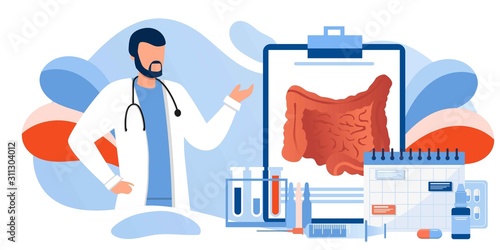 Digestive system health. Treat dysbiosis, harmful bacteria, intestine doctor examine. Doctor appointment. Online consultation. Human anatomy healthcare medical concept. For landing page, banner, flyer