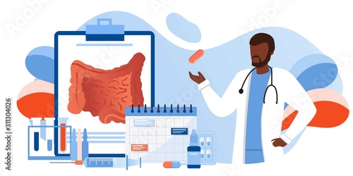 Digestive system health. Treat dysbiosis, harmful bacteria, intestine doctor examine. Doctor appointment. Online consultation. Human anatomy healthcare medical concept. For landing page, banner, flyer