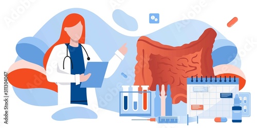 Digestive system health. Treat dysbiosis, harmful bacteria, intestine doctor examine. Doctor appointment. Online consultation. Human anatomy healthcare medical concept. For landing page, banner, flyer