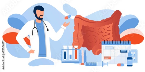 Digestive system health. Treat dysbiosis, harmful bacteria, intestine doctor examine. Doctor appointment. Online consultation. Human anatomy healthcare medical concept. For landing page, banner, flyer