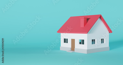 Wallpaper Mural 3d model of little house with red roof isolated on blue background. Concept of buy, rent home, investment. 3d render illustration. Torontodigital.ca