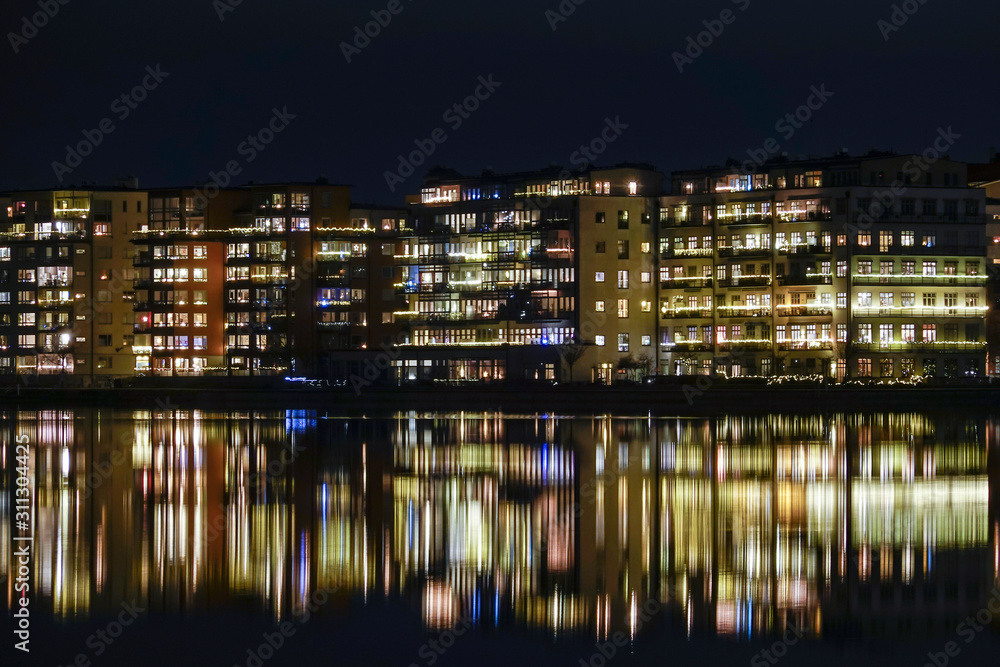 Stockholm, Sweden The island of Lilla Essingen at night.