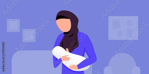 World Breastfeeding Week, 1-7 August. Mother wearing hijab breastfeeding her newborn baby holding and nursing him in hands. Lactation. banner, mother day clip art. Child drinks milk from the female