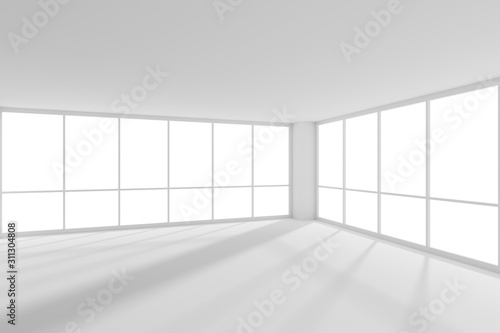 Empty white office business room with sunlight from large windows