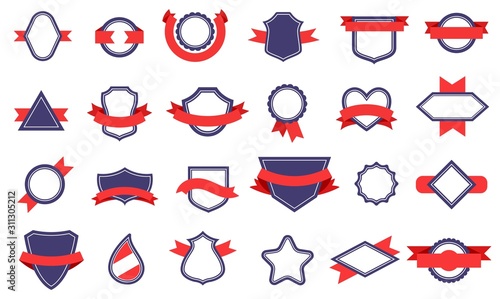 Vintage badges and ribbons. Banner labels, tag stickers. Ribbon badge, quality certificate elements with seal insignia. Vector set of insignia tag and emblem with empty place illustration