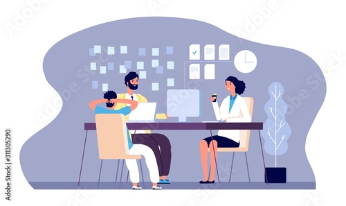 Office people. Young persons work with laptop. Vector businessteam, brainstorm illustration. Flat business male and female characters. Illustration office brainstorming male and female