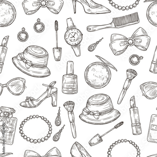 Womens accessories seamless pattern. Handbag, hat and watch, bow and lipstick, perfume and shoes, comb vector fashion texture. Illustration woman accessory drawing, glamour and beauty