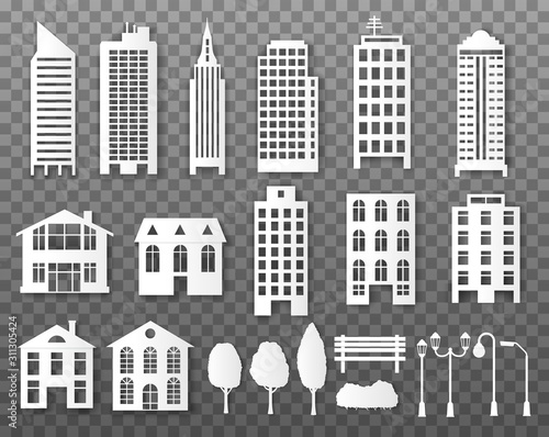 Paper buildings. Origami papercut city houses. Cardboard skyscrapers with lanterns, trees and benches, bushes. White urban vector elements with shadows. Illustration papercut, skyscraper and trees