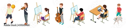 Children and hobbies. Isometric kids set. Vector hobby for drawing, music, sports, computer, animals. Illustration hobby children creativity, music performance
