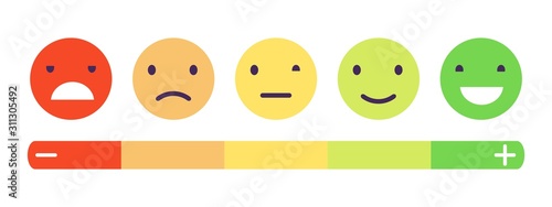 Feedback emotion scale. Customers feedback vector concept. Measuring review opinions approval recommendation status. Opinion feedback reaction, emoji positive scale illustration