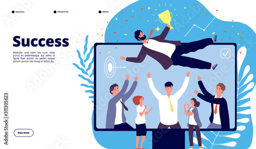 Successful team. Businessmen group employees throw happy colleague up in air. People celebrating victory, happy manager vector landing page. Illustration team throw up boss, happy group