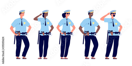 Policeman group. Police officers, police man and police woman in cops uniform. Professional security patrol law justice, vector characters. Cop officer, profession agent policeman illustration