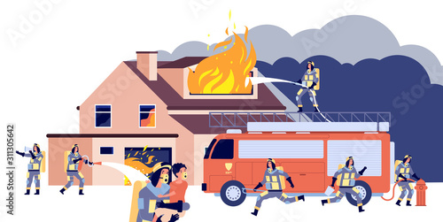 House on fire. Group firemen fighting extinguish burning house. Rescue people, fire truck equipment, firehose spraying water vector concept. Illustration firefighter and flame house