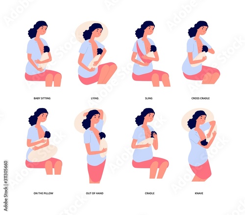 Breastfeeding. Breast feed position, cute young woman holds baby and natural feeding him. Motherhood, mother and baby isolated vector set. Mother breastfeeding, breastfeed health newborn illustration