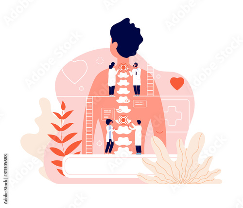 Chiropractor. Spine disease diagnosis problems and treatment pain. Chiropractors and back of patient. Natural osteopathy vector concept. Disease and pain in spine, medicine human body illustration photo
