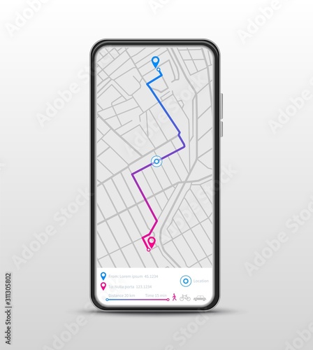 Mobile navigation. GPS navigator, route map application. Search destination, direction or traffic. Vector app navigate on phone screen. Illustration destination gps route, search direction