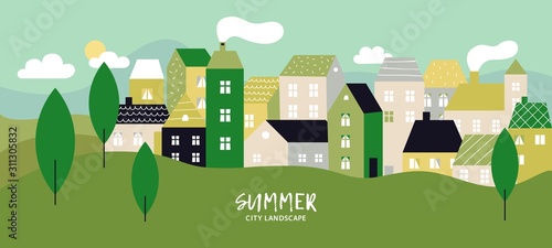 Simple landscape with buildings. Minimal cityscape and residential houses. Summer urban skyline with green trees and hill vector background. Building skyline city, architecture landscape illustration