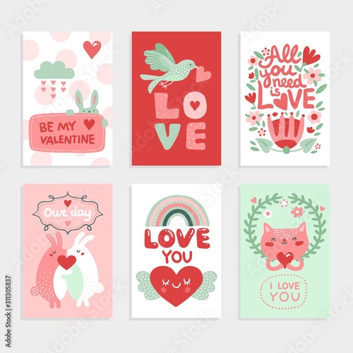 Valentines day card. Love pink design with heart, cute bird and happy rabbits, cat and romantic lettering vector greeting cards set. Romantic card valentine day, romance holiday illustration