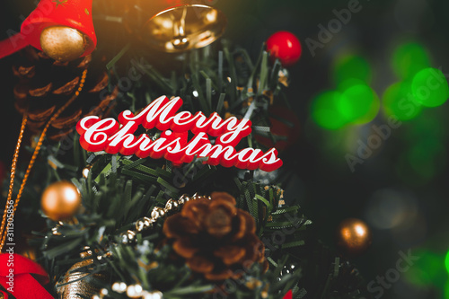 Christmas background with decorations and gift boxes on wooden © freedom_naruk