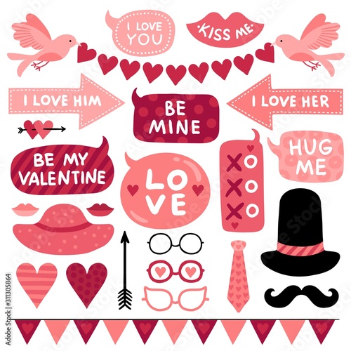 Valentines day photo booth props. Pink love wedding symbol, kiss and mustaches, female and male hat. Glasses, tie and red heart vector set. Valentine photo props for photobooth element illustration
