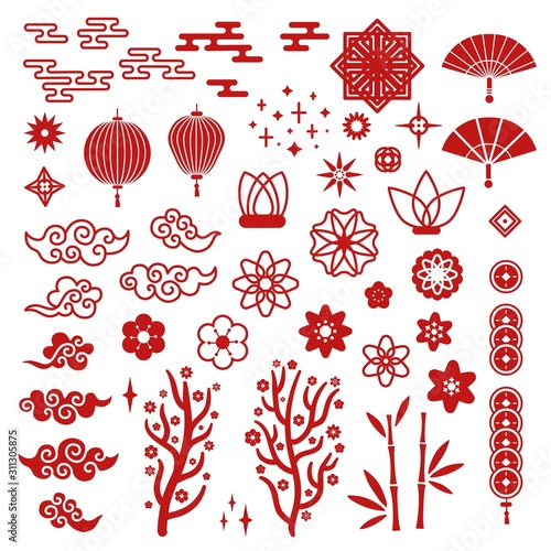 Chinese new year elements. Red asian traditional pattern, cloud and decorative lotus flower. Oriental lanterns, sakura and fan vector set. Illustration chinese traditional, asian cloud cartoon
