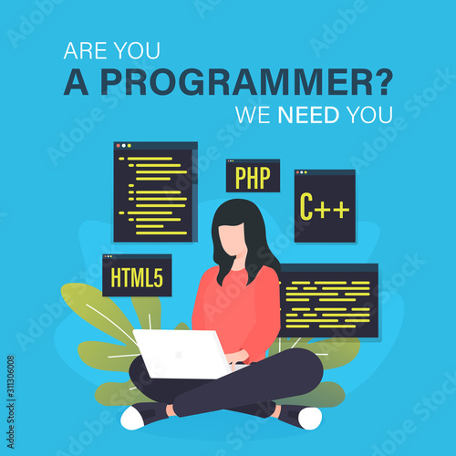 Programmer job vacancy template with woman programmer working on laptop illustration