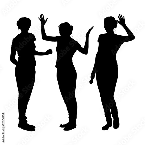Three vector silhouettes of the same model in different poses. A young slender girl in full growth stands and gestures with a waving hand. Isolated, gesture of surprise, greetings, resentment.