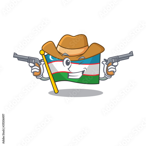 Flag uzbekistan Scroll mascot performed as a Cowboy with guns