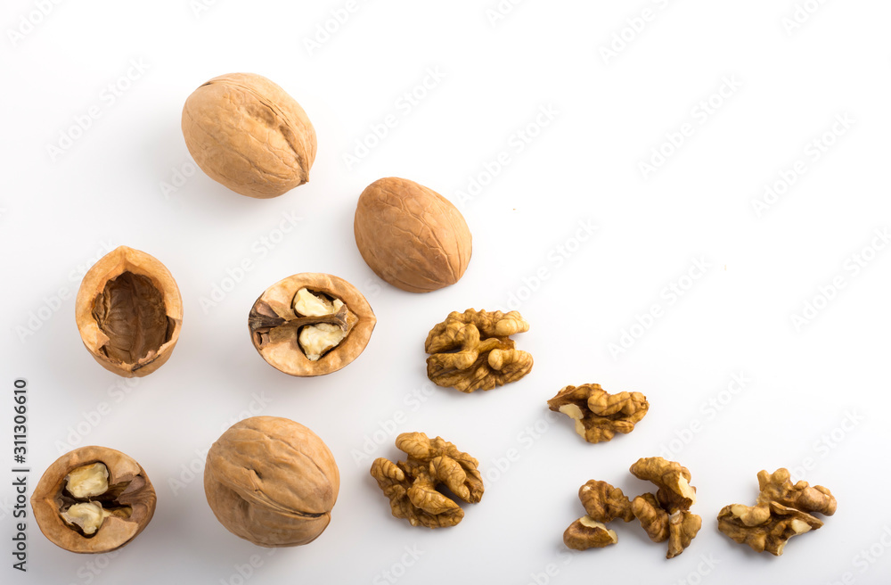 walnut shells and kernels with copy space on white background top view walnut shells and kernels with copy space on white background top view