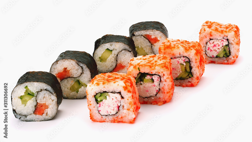 two kinds of sushi rolls white background. Japanese cuisine two kinds of sushi rolls white background. Japanese cuisine