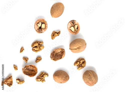 the shells and kernels of walnuts are laid out like an explosion on a white background