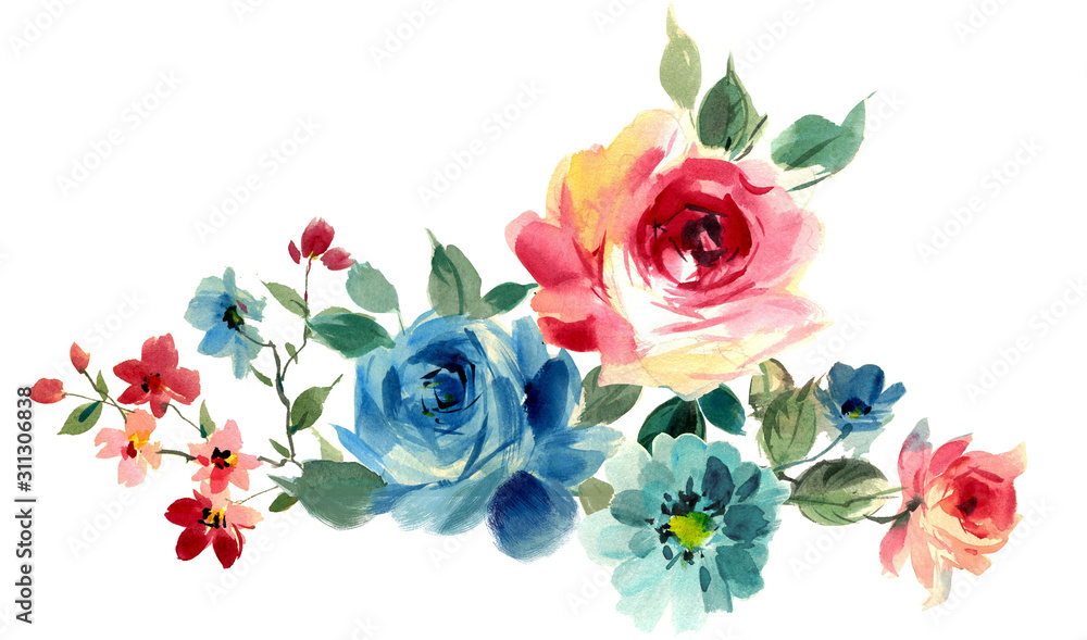 Flowers watercolor illustration.Manual composition.Big Set watercolor elements. - obrazy, fototapety, plakaty 