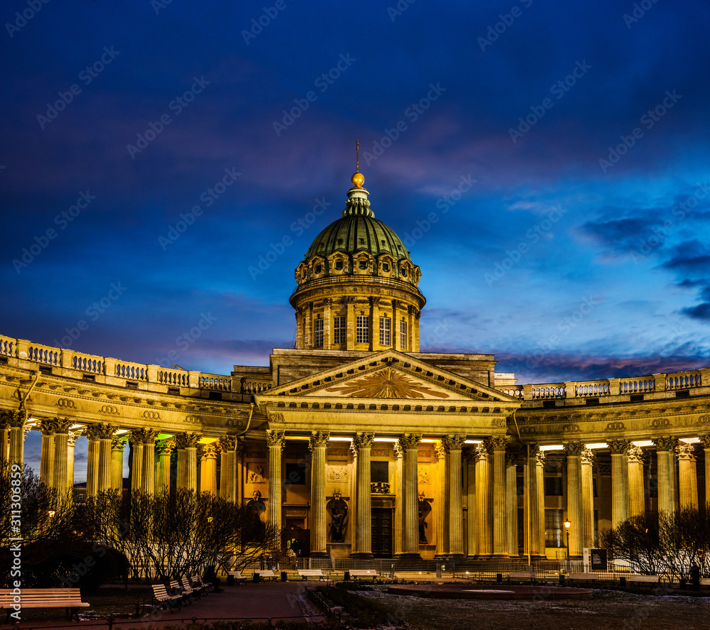 Evening view of Kazan Cathedral at night lights. Russian Orthodox Church on Nevsky avenue, Saint Petersburg.