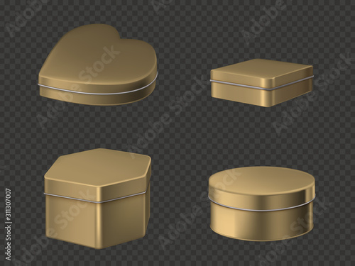 Golden tin boxes for tea, coffee or candies. Vector realistic mockup of copper round, square, hexagon and heart shape cans for gift packaging sweets isolated on transparent background