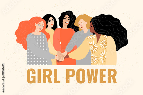 Congratulatory banner for International Women's Day. Vector illustration with women different nationalities holding hands.