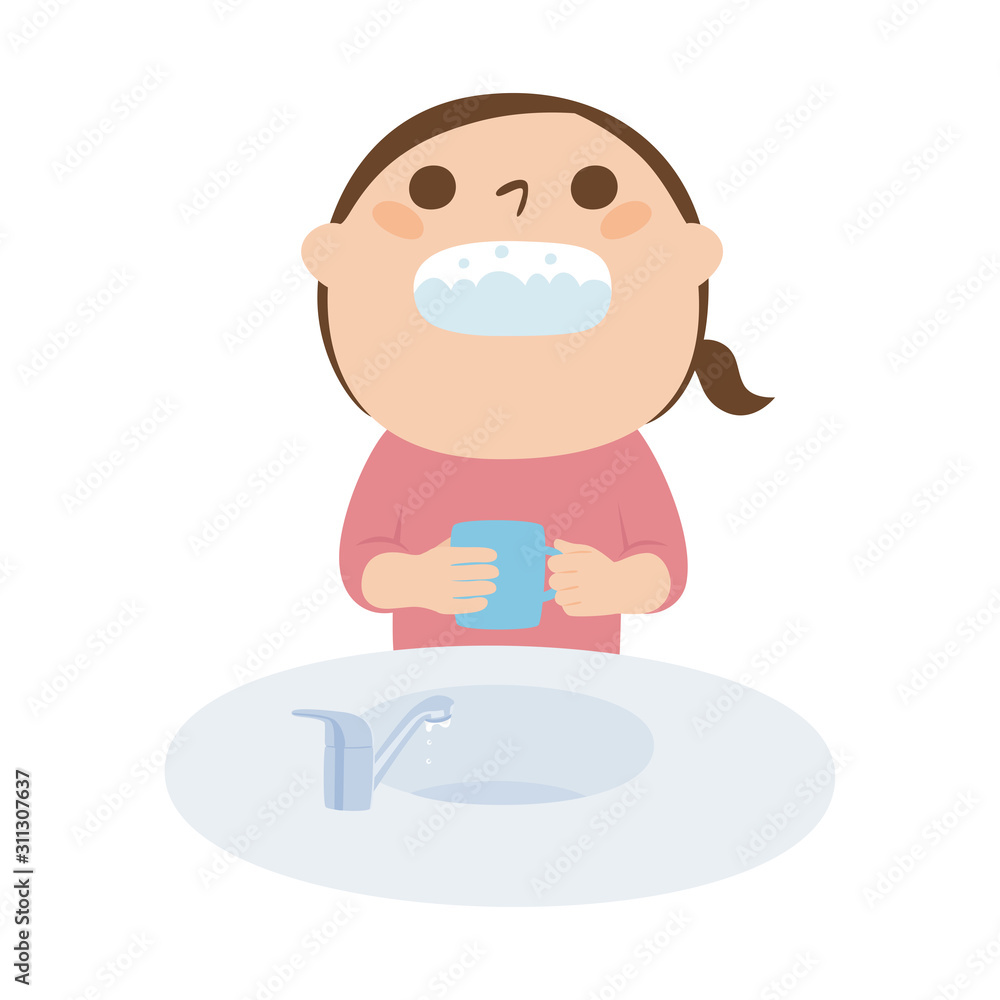 インフルエンザ対策のイラスト。風邪予防のために、うがいをする女の子。 インフルエンザ対策のイラスト。風邪予防のために、うがいをする女の子。