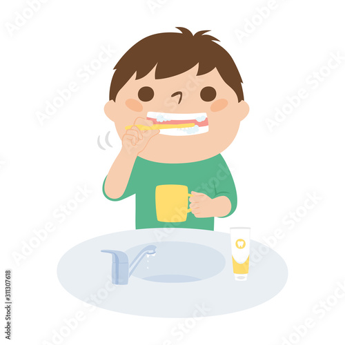 歯みがきをするイラスト。食後に歯みがきをする男の子。