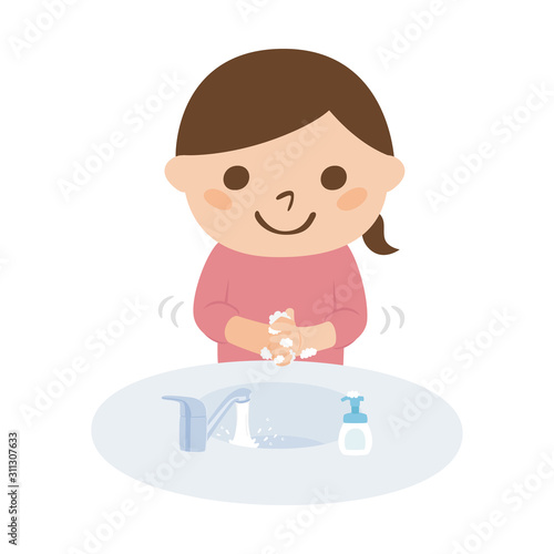 インフルエンザ対策のイラスト。風邪予防のために、石けんで手を洗う女の子。