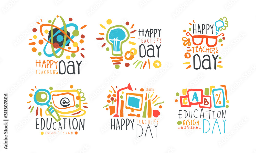 Educational and Teacher Day Labels and Badges Original Design Vector Set