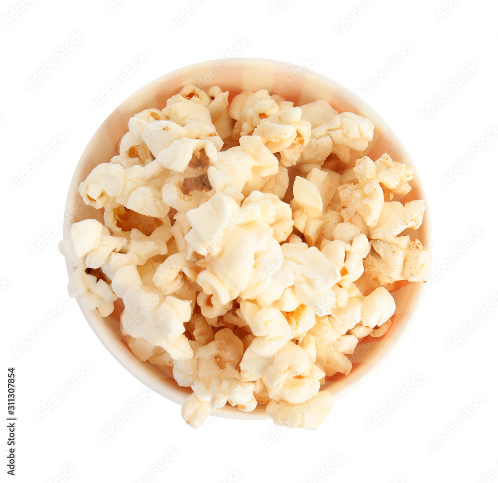 Bucket of tasty pop corn isolated on white, top view