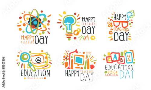 Educational and Teacher Day Labels and Badges Original Design Vector Set