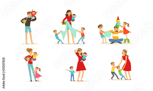Tired Young Parents Exhausted with Nursing Little Kids Vector Illustrations Set