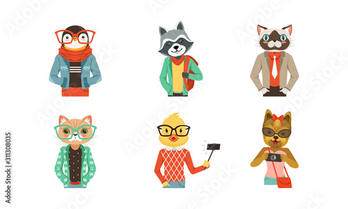 People with Animal Heads Vector Set. Mammal Characters Wearing Trendy Clothes