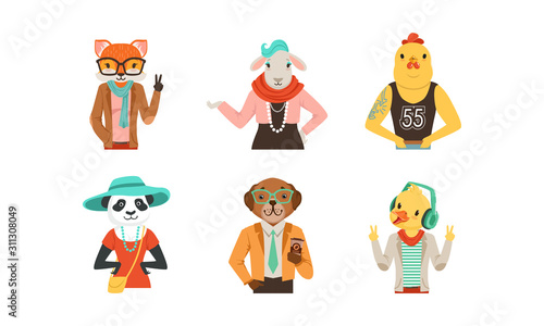 People with Animal Heads Vector Set. Mammal Characters Wearing Trendy Clothes