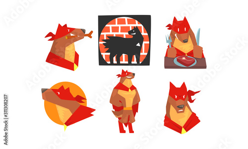 Dog Superhero Character Wearing Red Cloak and Guarding People Vector Set