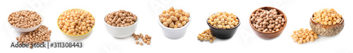Bowls with raw chickpea on white background