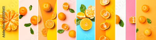 Set of sweet tangerines on color background