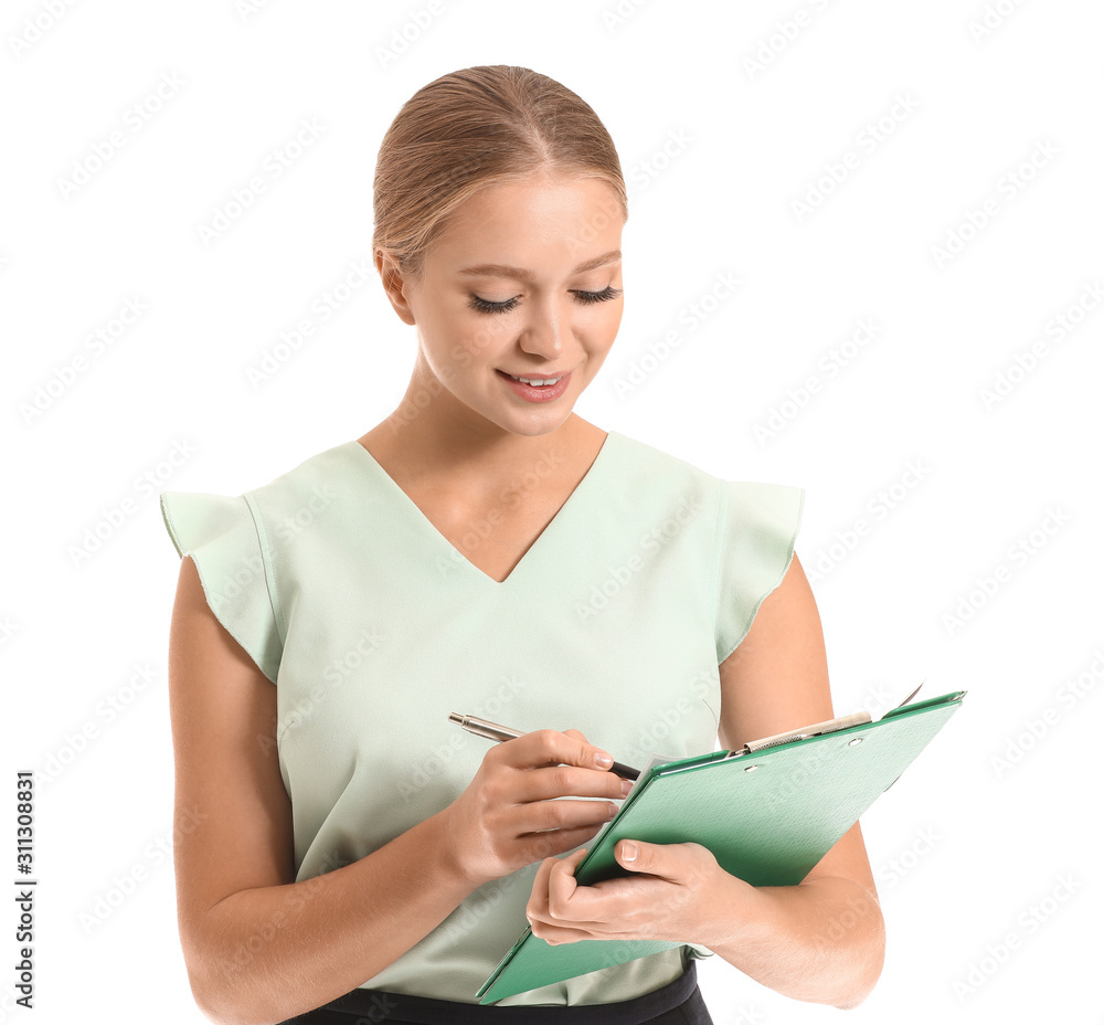 Female real estate agent with clipboard on white background Female real estate agent with clipboard on white background