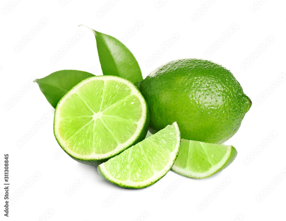 Fresh ripe green limes isolated on white Fresh ripe green limes isolated on white