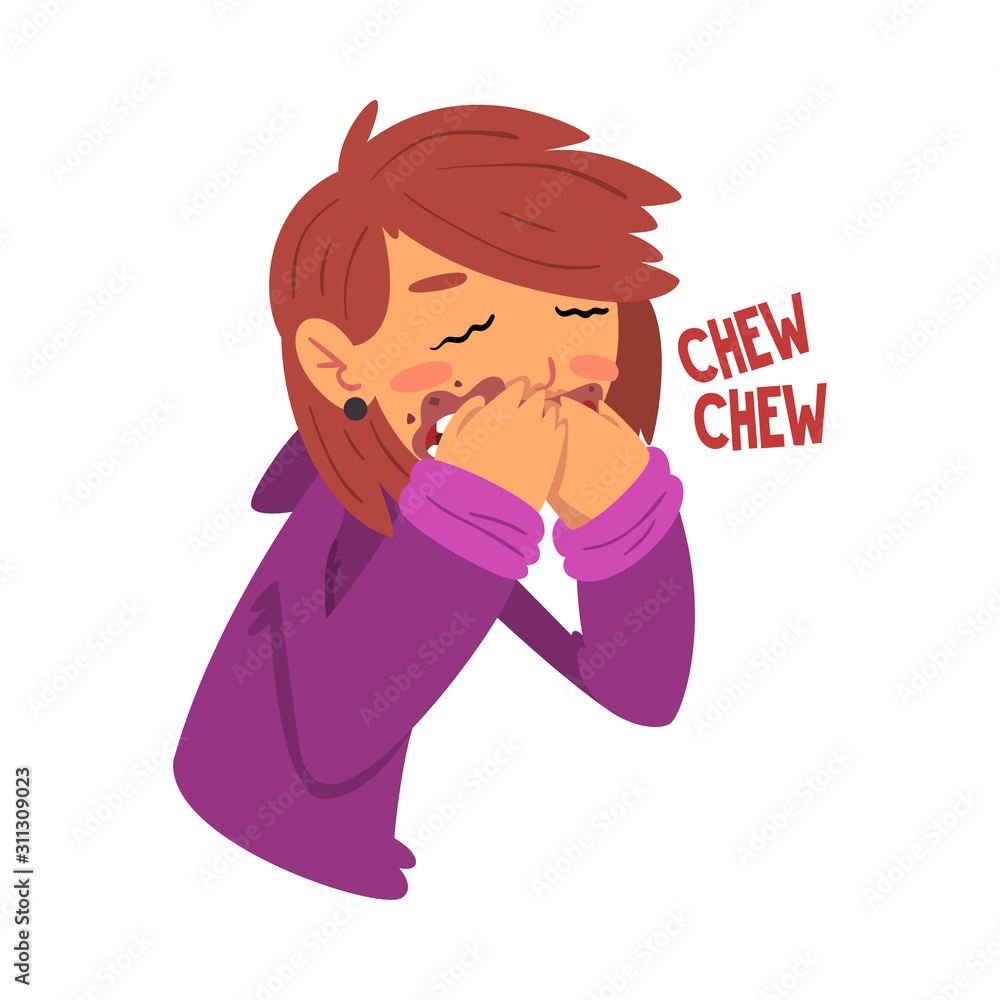 Funny Girl Eating Chocolate, Sweet Tooth Girl Cartoon Character Enjoying Greedily Devouring Sweets Vector Illustration Funny Girl Eating Chocolate, Sweet Tooth Girl Cartoon Character Enjoying Greedily Devouring Sweets Vector Illustration